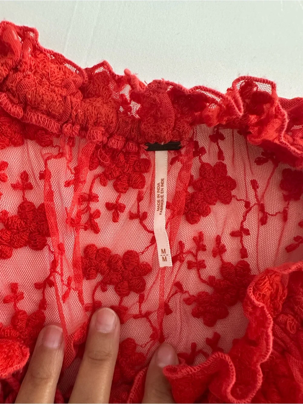 Free People medium Red Off-Shoulder Lace Blouse with Embroidered Sleeves cropped